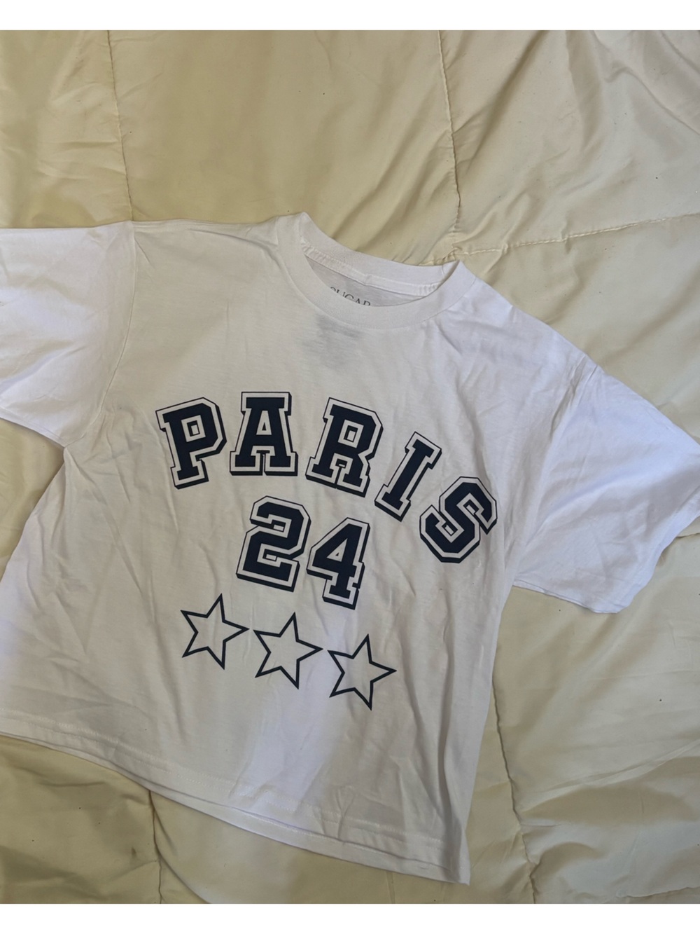 Rue21 White Crop Tee with Navy 'PARIS 24' Graphic